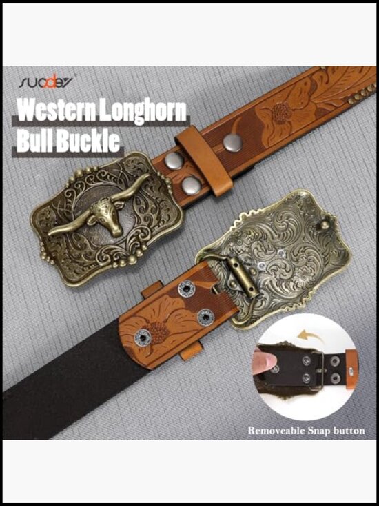 Western Leather Belt Detachable Buckle Retro Cowboy Style Adjustable Fit